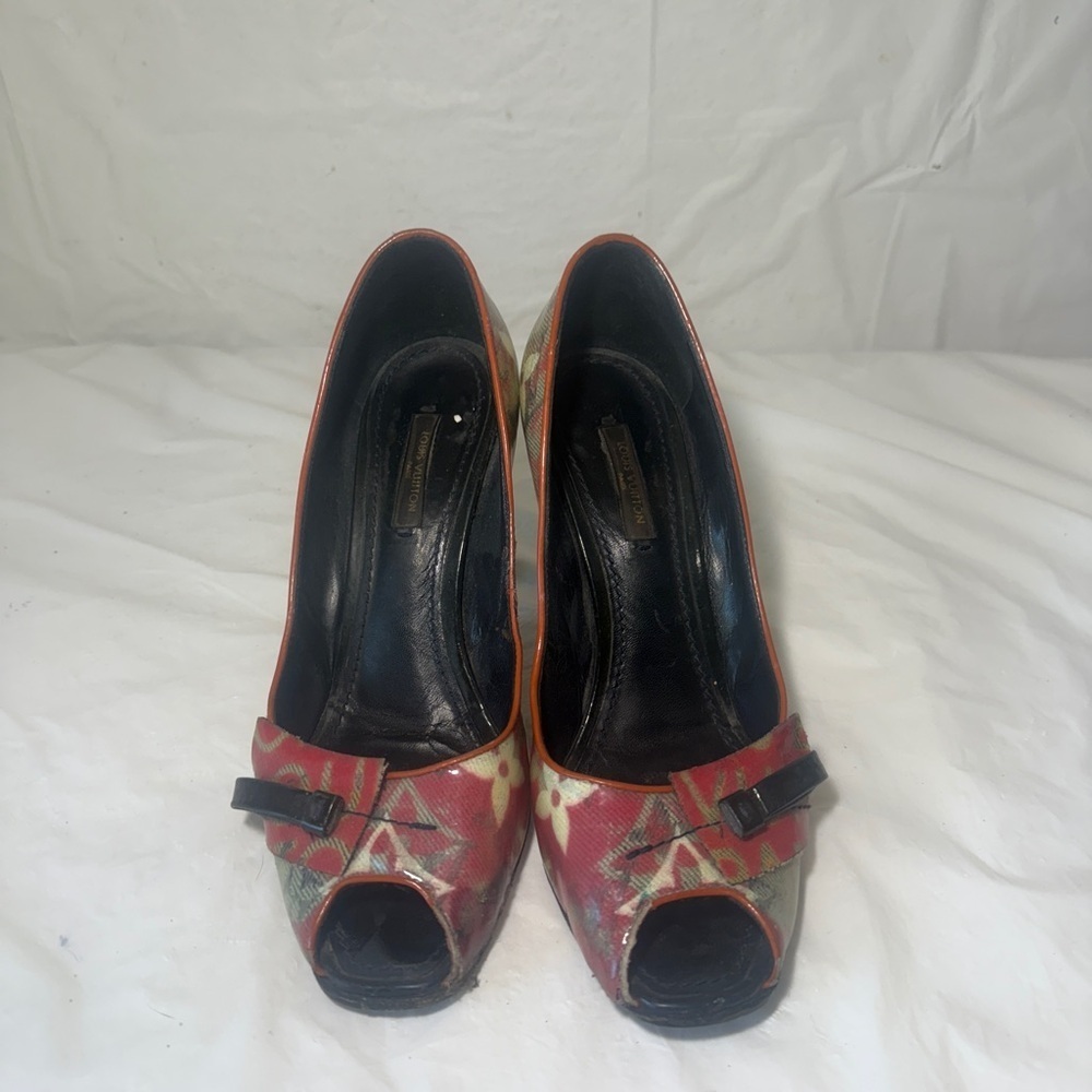 Louis Vuitton Peunrws Denim Monogram Peep Toe Heels Pumps